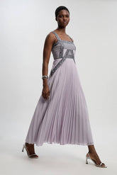Petite Embellished Pleated Woven Maxi Dress
