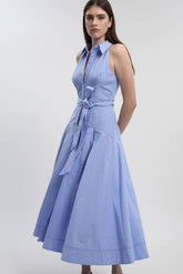 Cotton Collared Stripe Halter Neck Woven Midi Shirt Dress With Dropped Waist Detail