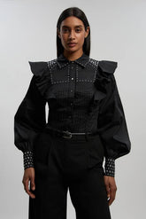 Cotton Sateen Drama Sleeve Studded Woven Maxi Shirt
