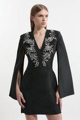 Bandage Form Fitting Cape Sleeve Embellished Mini Dress