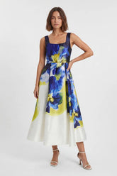 Photographic Floral Twill Prom Woven Midi Dress