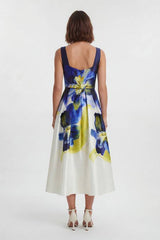 Photographic Floral Twill Prom Woven Midi Dress