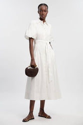 Petite Cotton Puff Sleeve Woven Midi Shirt Dress With Dropped Waist Detail