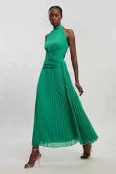 Petite Pleated Twist Front Woven Halter Midi Dress