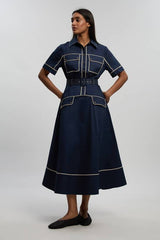 Cotton Sateen Button Detail Woven Midi Shirt Dress With Contrast Piping