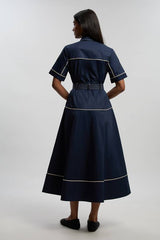 Cotton Sateen Button Detail Woven Midi Shirt Dress With Contrast Piping