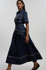 Cotton Sateen Button Detail Woven Midi Shirt Dress With Contrast Piping