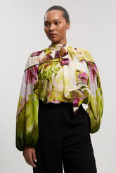Plus Size Viscose Floral Print Woven Tie Neck Blouse