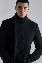 Funnel Neck Wool Look Overcoat in Black