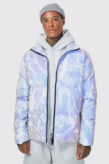 Mountain Reflective Print Funnel Neck Puffer