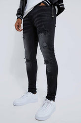Skinny Stretch Rip And Repair Biker Washed Jeans