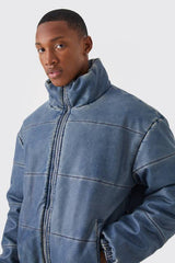 Funnel Neck Boxy Denim Look Pu Puffer