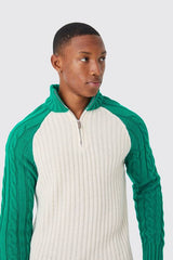 Cable Funnel Neck Raglan Colour Block Jumper
