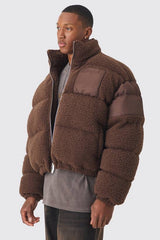 Borg & Nylon Funnel Neck Puffer In Chocolate