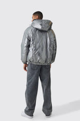 Oversized Metallic Hooded Puffer In Charcoal