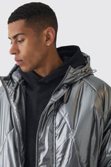 Oversized Metallic Hooded Puffer In Charcoal