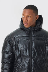 High Shine Hooded Quilted Puffer In Black