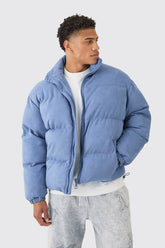 Faux Suede Funnel Neck Puffer Coat In Blue