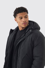 Padded Drawcord Hooded Parka Coat In Black