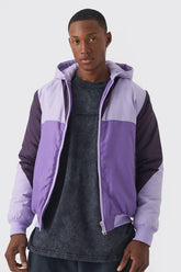 Colour Block Hooded Padded Bomber Jacket In Purple