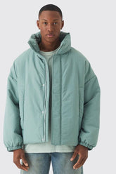 Oversized Boxy Padded Funnel Neck Coat In Sage