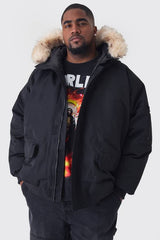 Plus Hooded Parka With Removeable Faux Fur Trim Regular Fit In Black
