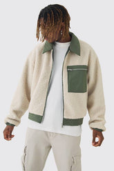 Tall Boxy Borg And Nylon Collared Bomber Jacket In Ecru