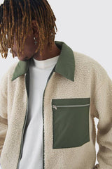 Tall Boxy Borg And Nylon Collared Bomber Jacket In Ecru