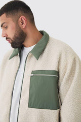 Plus Boxy Borg And Nylon Collared Bomber Jacket In Ecru