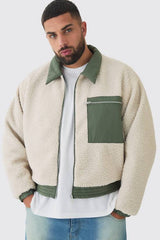 Plus Boxy Borg And Nylon Collared Bomber Jacket In Ecru