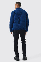 Man Printed Velour Funnel Neck Puffer In Navy