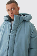 Tall Man Extreme Heavy Padded Hooded Puffer Coat In Dusty Blue