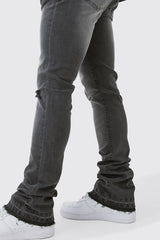 Skinny Stacked Flared Jeans With Knee Rip