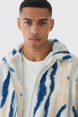 Oversized Borg Striped Zip Through Jacket In Blue