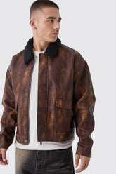 Boxy Washed PU Harrington Jacket With Borg Collar In Brown