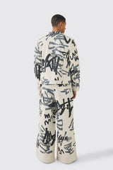 Slim Boxy Denim Graffiti Laser Print Biker Jacket