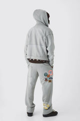 Oversized Applique Distressed Zip Through Brushback Hoodie
