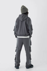 Oversized Boxy Utility Zip Through Brushback Hoodie
