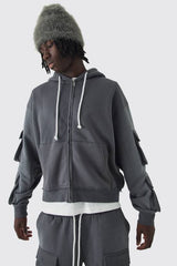 Oversized Boxy Utility Zip Through Brushback Hoodie