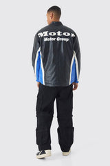 Oversized Mesh Panel PU Moto Jacket In Black