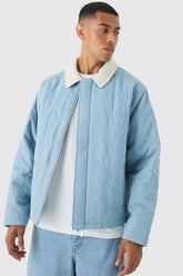 Oversized Quilted Denim Jacket With Borg Collar