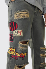 Relaxed Rigid Applique Badge Ripped Jeans