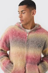 Oversized Boxy OFCL Brushed Ombre Stripe Knitted Zip Through Hoodie