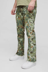 Tall Self Applique Gusset Detail Camo Slim Fit Flared Trousers