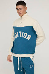 Regular Fit Applique Quarter Zip Loopback Colour Block Funnel Neck