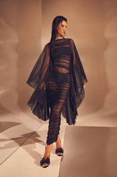 Premium Mesh Ruched Extreme Batwing Sheer Maxi Dress