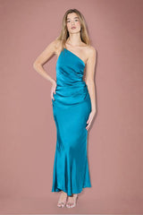Satin Asymmetric Strap Pleated Waist Low Back Maxi Bridesmaid Dress