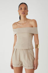 Linen Look Bardot Fold Over Top