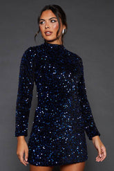 Blue Sequin A Line Mini Dress