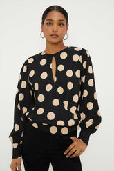 Spot Key Hole Wrap Long Sleeve Top